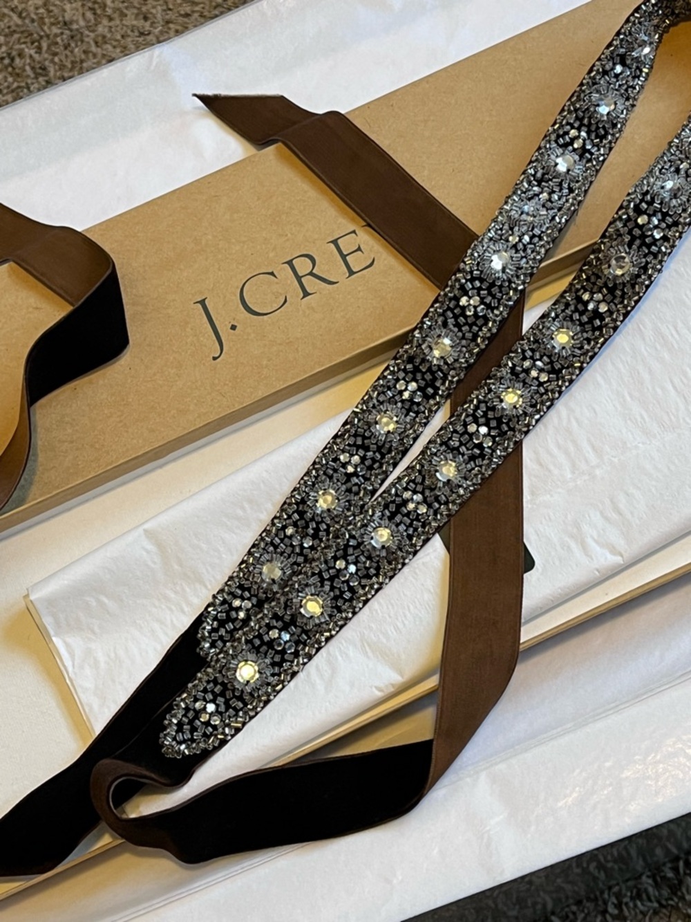 J. Crew Beaded Jeweled Sash Belt in Chocolate Brown Velvet with Clear Beads - Picture 3 of 8
